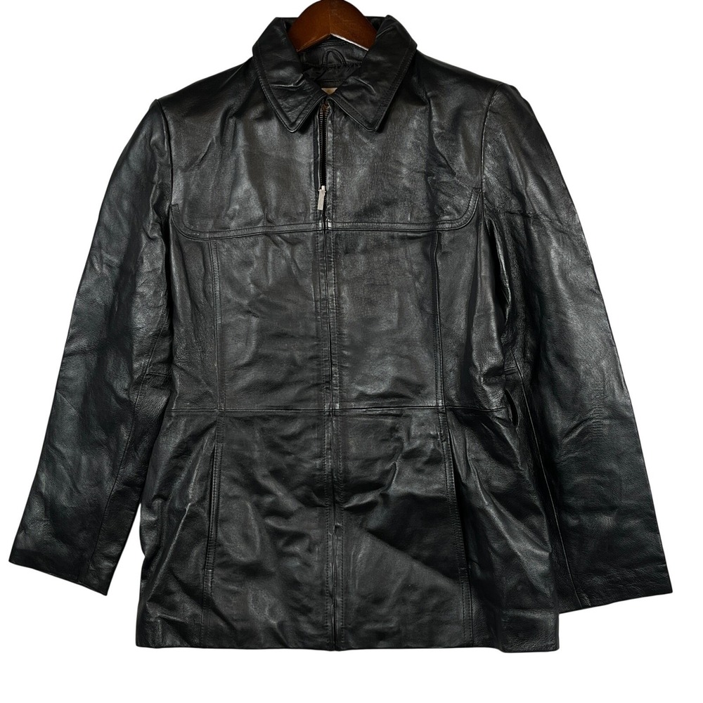 Madison & Max Womens L Black Leather Jacket Classic Zip Front Coat NO BELt